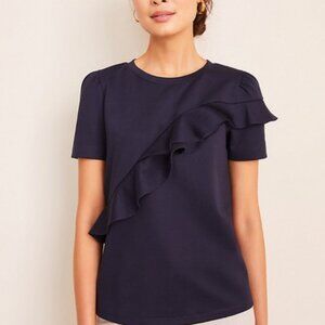 Ann‎ Taylor Navy Blue Ruffle Accent Short Sleeve Blouse Top Womens Size Medium